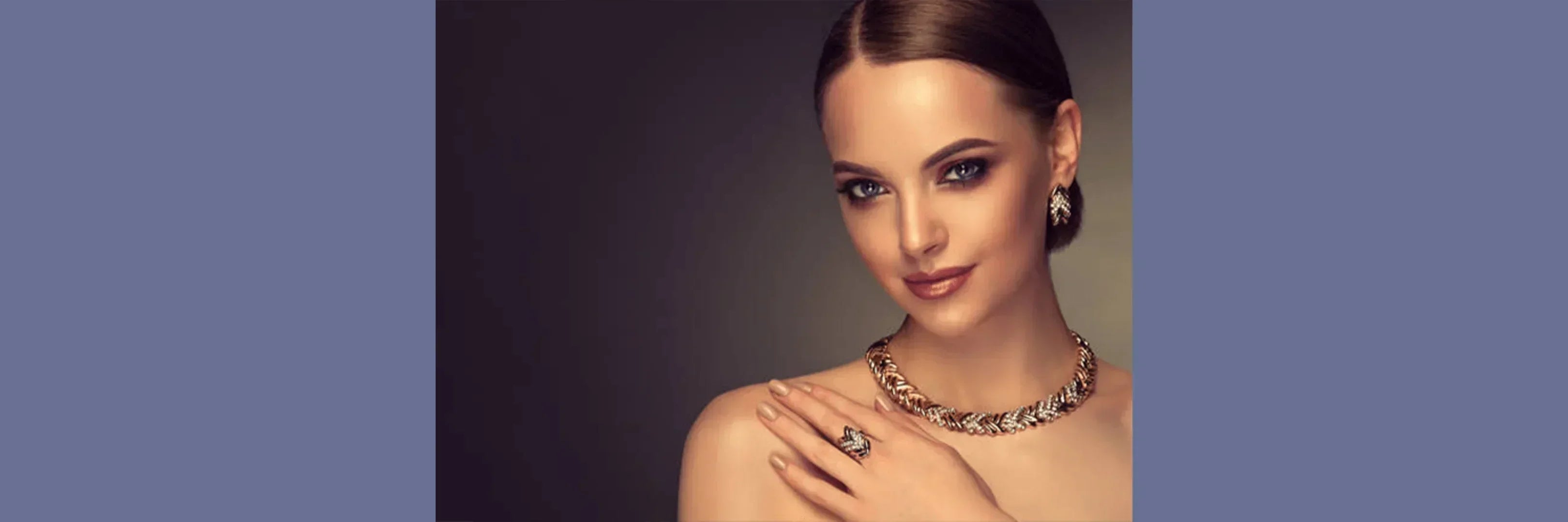 Woman wearing elegant 925 silver and gold-plated jewelry set, including necklace, ring, and earrings
