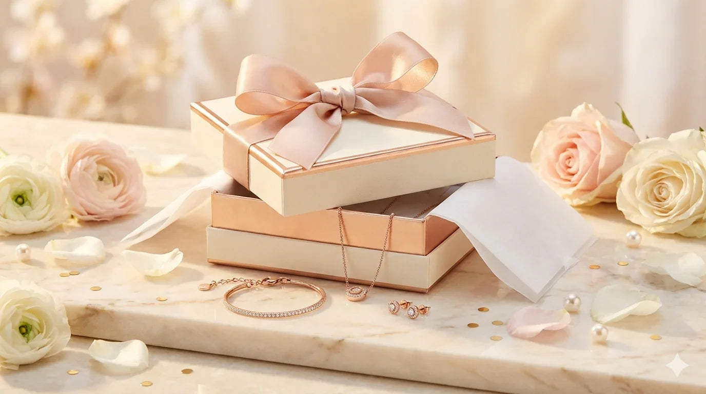 Elegant gold-plated jewelry set with necklace, earrings, and bracelet in gift boxes, surrounded by flowers.