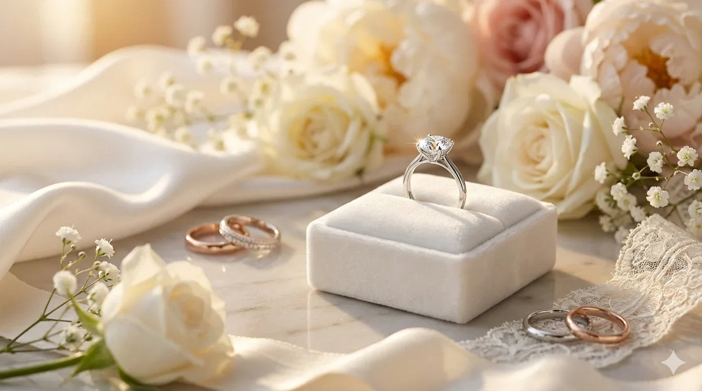 Elegant silver engagement ring on white velvet box with roses, gold and silver wedding bands