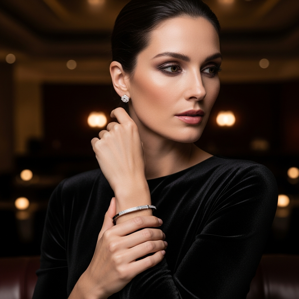 Elegant woman wearing silver bracelet and earrings in a chic evening setting