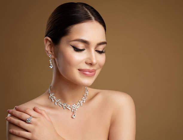 Elegant woman wearing silver necklace, diamond earrings, and ring on neutral background