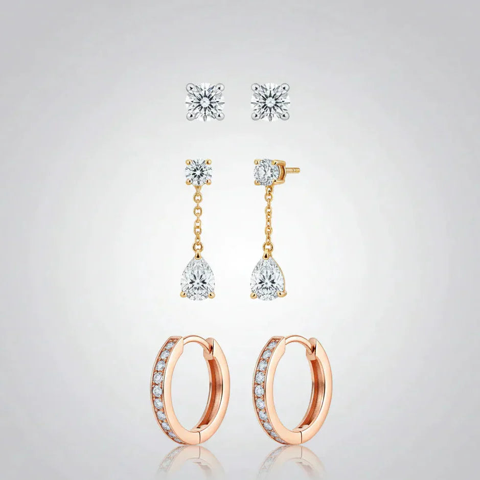 Set of elegant women's earrings: diamond studs, gold drop earrings, rose gold hoops