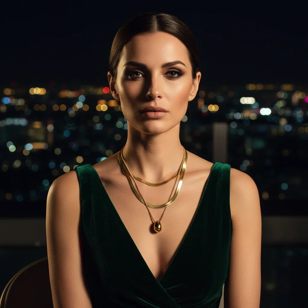 Elegant woman in green dress wearing layered gold necklaces with city night lights backdrop