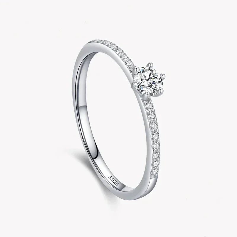 925 sterling silver ring with pavé band and round solitaire stone, elegant jewelry