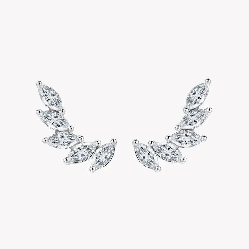 Sterling silver ear climber earrings with marquise-cut clear stones on white background