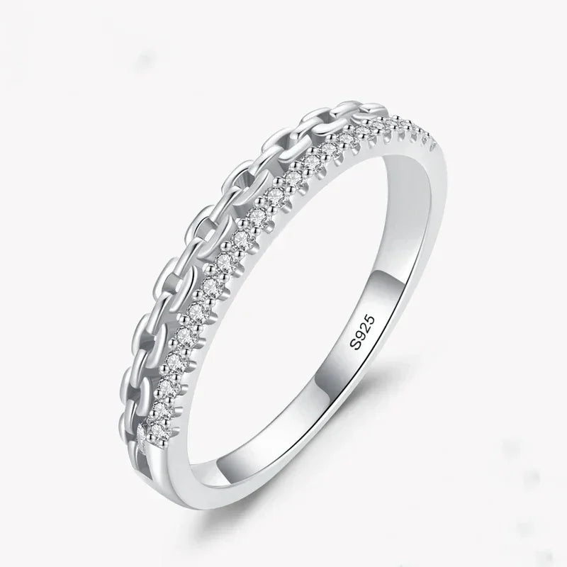 925 sterling silver chain link ring with cubic zirconia inlay on white background