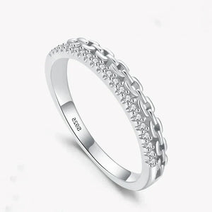 925 sterling silver chain link ring with cubic zirconia inlay on white background