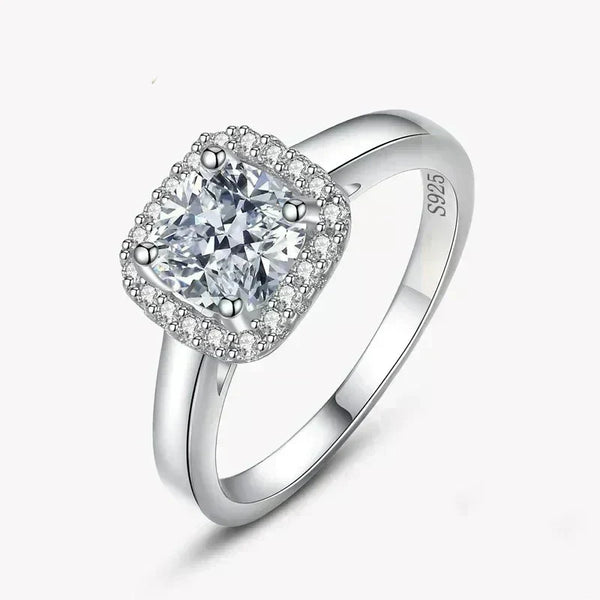 925 silver ring with square halo setting and sparkling center stone