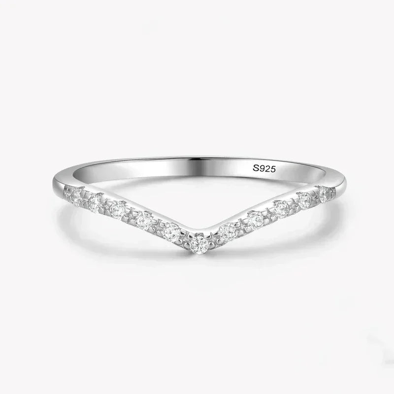 Sterling silver chevron ring with small gemstones, minimalist jewelry design for women