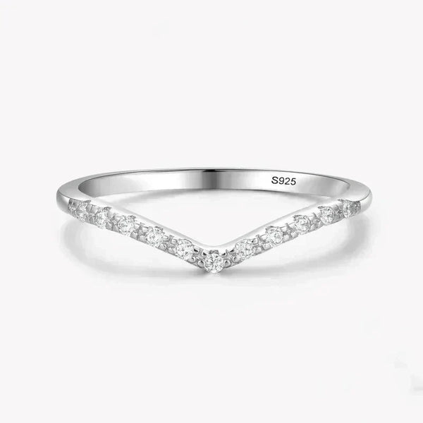Sterling silver chevron ring with small gemstones, minimalist jewelry design for women
