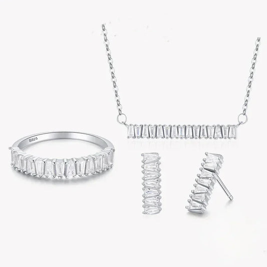 925 sterling silver jewelry set with rectangular clear stones, includes ring, necklace, and earrings