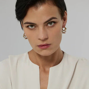 Woman wearing gold-plated dangle earrings with gemstones, cream blouse, neutral background