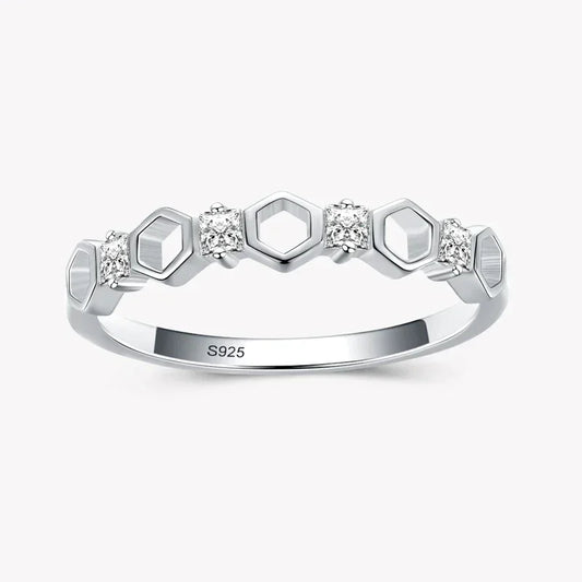 925 silver geometric ring with hexagon shapes and cubic zirconia accents on white background