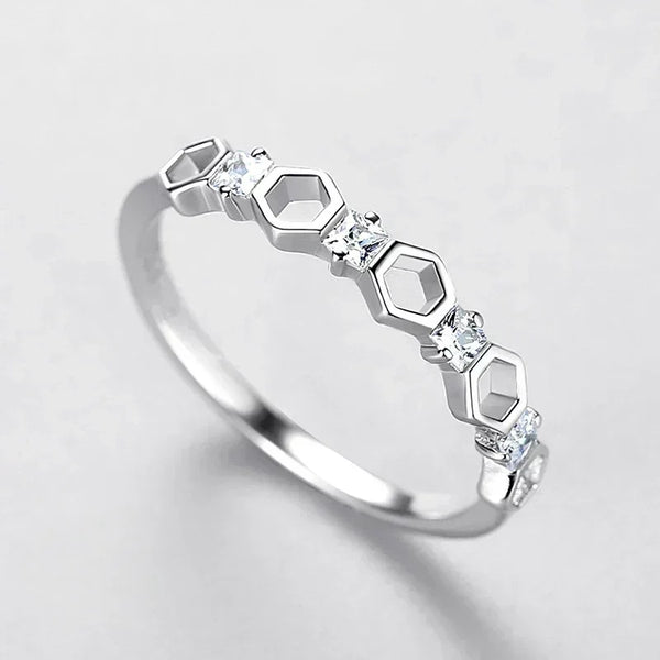 925 silver ring with hexagon geometric design and sparkling cubic zirconia accents