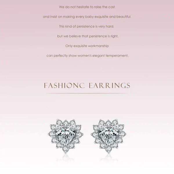 Pair of diamond earrings on a light pink background with text.