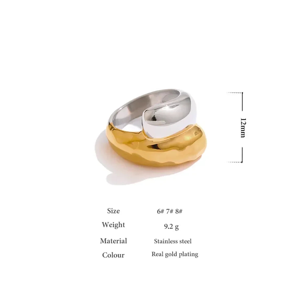 Chunky two-tone ring in gold plating and silver stainless steel, 12mm width, modern design.