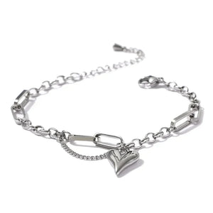 Steel chain bracelet with heart charm and modern rectangular links