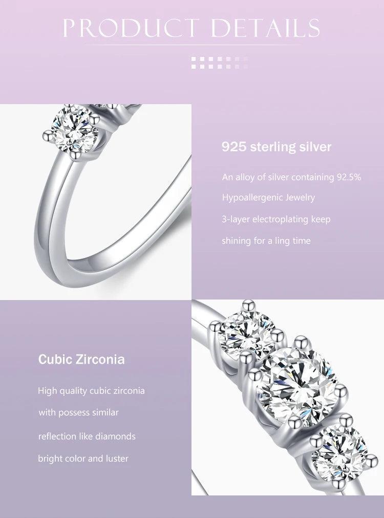 925 sterling silver ring with three sparkling cubic zirconia stones, hypoallergenic, elegant design