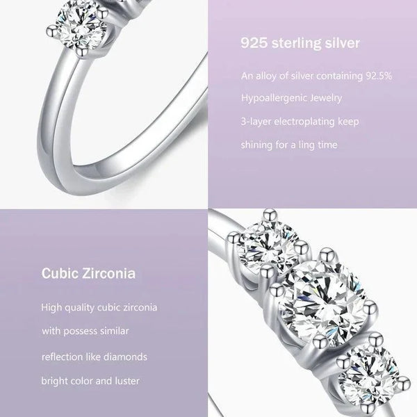 925 sterling silver ring with three sparkling cubic zirconia stones, hypoallergenic, elegant design