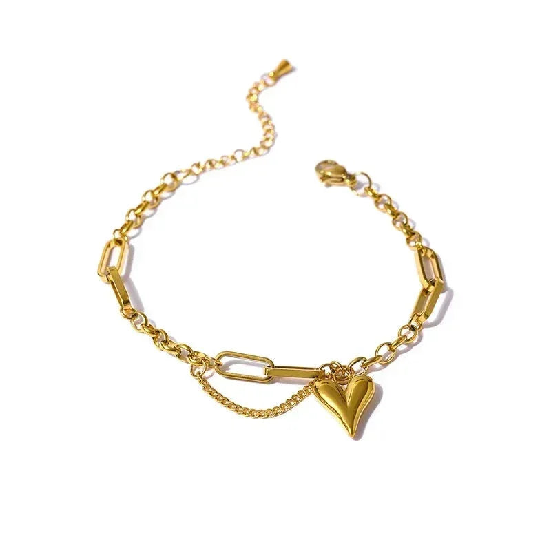 18K gold-plated chain bracelet with heart charm for women, displayed on white background