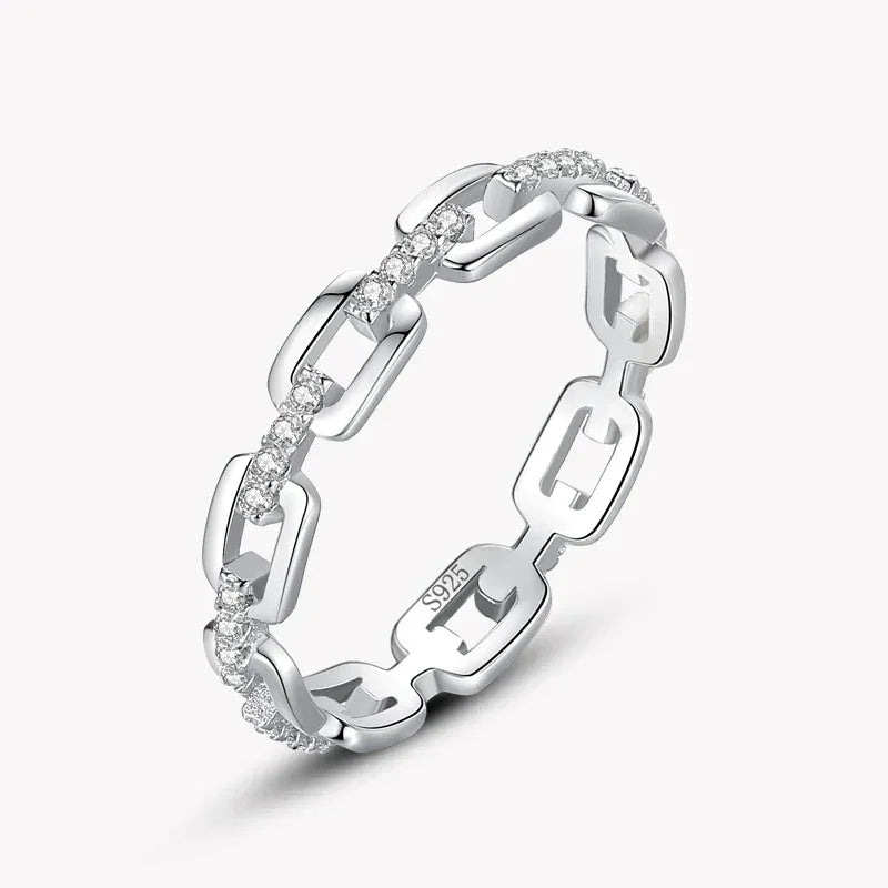 925 silver chain link ring with inset cubic zirconia stones, elegant women's jewelry
