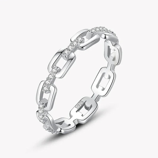 925 silver chain link ring with inset cubic zirconia stones, elegant women's jewelry