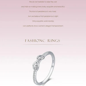 925 sterling silver infinity ring with cubic zirconia accents on white background