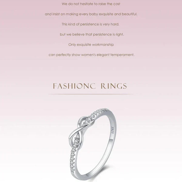925 sterling silver infinity ring with cubic zirconia accents on white background