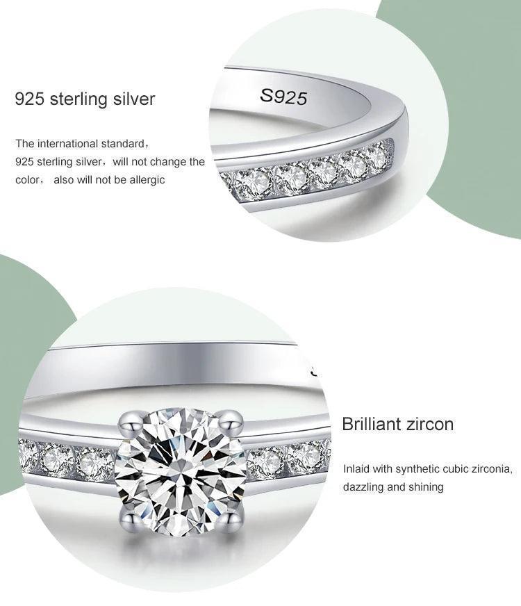 925 sterling silver ring with synthetic cubic zirconia stones and brilliant solitaire design.