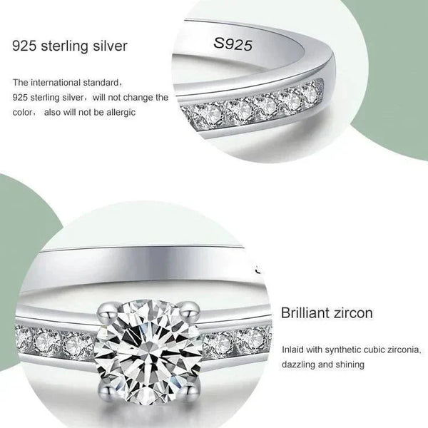 925 sterling silver ring with synthetic cubic zirconia stones and brilliant solitaire design.