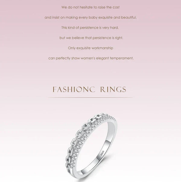 925 sterling silver chain link ring with cubic zirconia inlay on white background