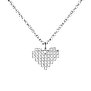 Silver necklace with a heart-shaped pendant on a white background