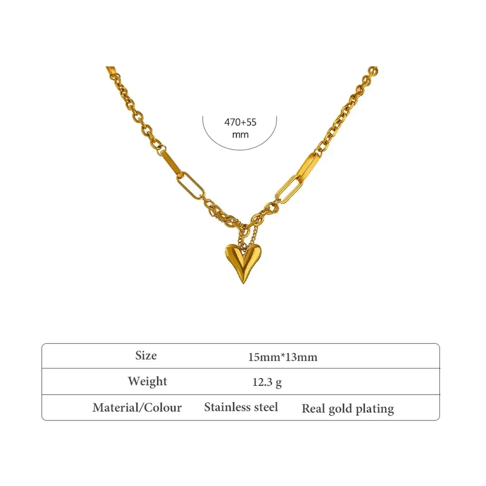 Gold-plated stainless steel necklace with heart pendant and mixed chain links, 470mm length.