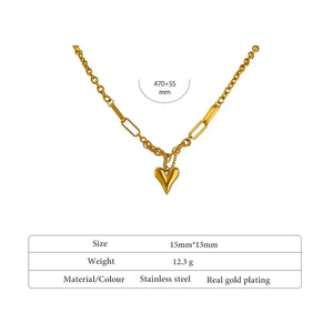 Gold-plated stainless steel necklace with heart pendant and mixed chain links, 470mm length.