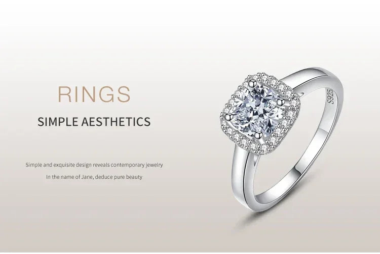 925 silver engagement ring with cushion-cut center stone and pavé halo setting on light background