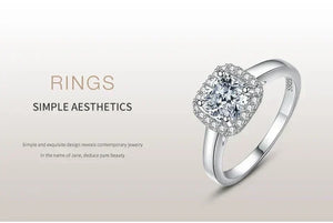 925 silver engagement ring with cushion-cut center stone and pavé halo setting on light background