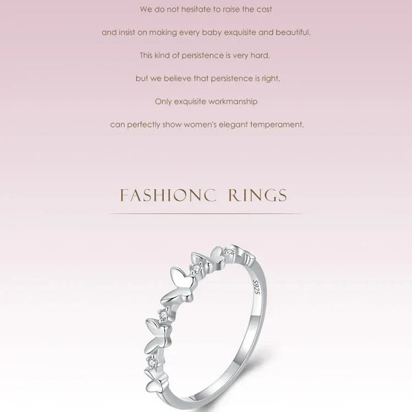 Silver ring with diamonds on a pink background with text about fashion rings.