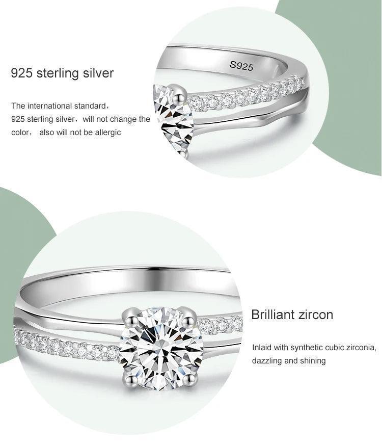 925 sterling silver ring with a large round brilliant synthetic zircon centerpiece and a band of small cubic zirconia.
