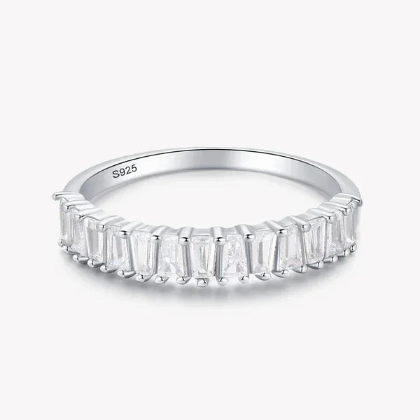 925 silver ring with baguette-cut clear stones in a half eternity band design