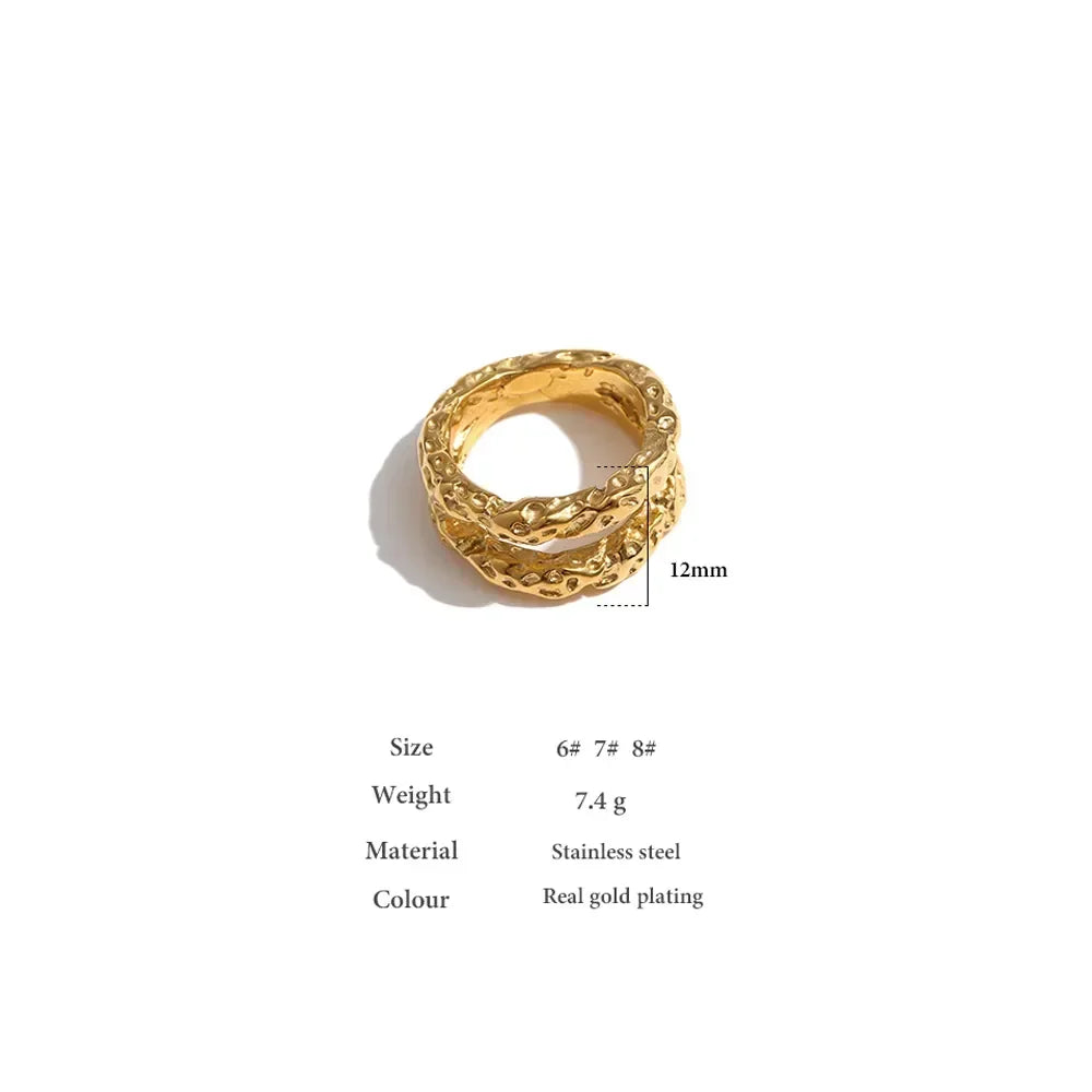Textured gold-plated stainless steel ring, 12mm width, shown on white background.