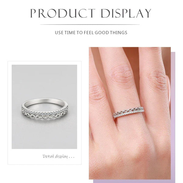 925 sterling silver chain link ring with cubic zirconia inlay on white background