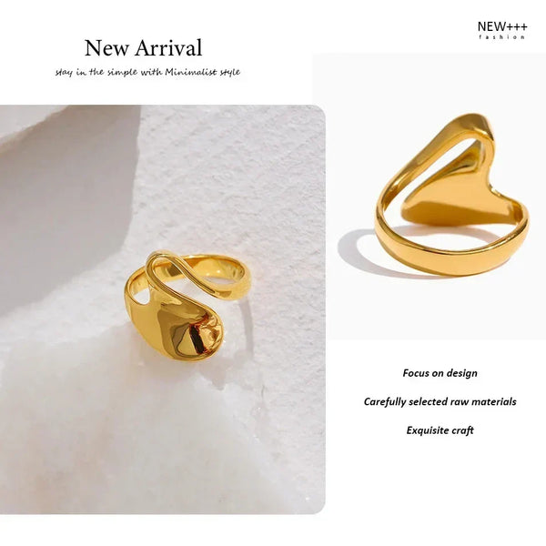 18K gold-plated abstract statement ring with modern sculptural design on white background