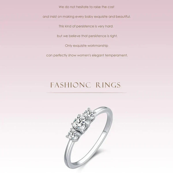 Silver ring with diamonds on a light pink background with text about craftsmanship.
