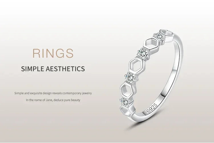 Sterling silver ring with hexagon and square design and sparkling stones, minimalist jewelry