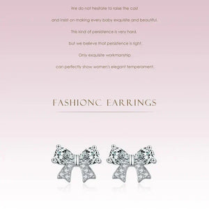 Bow-shaped earrings with sparkling details on a pink background with text.