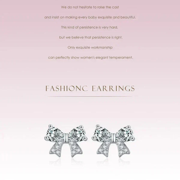 Bow-shaped earrings with sparkling details on a pink background with text.