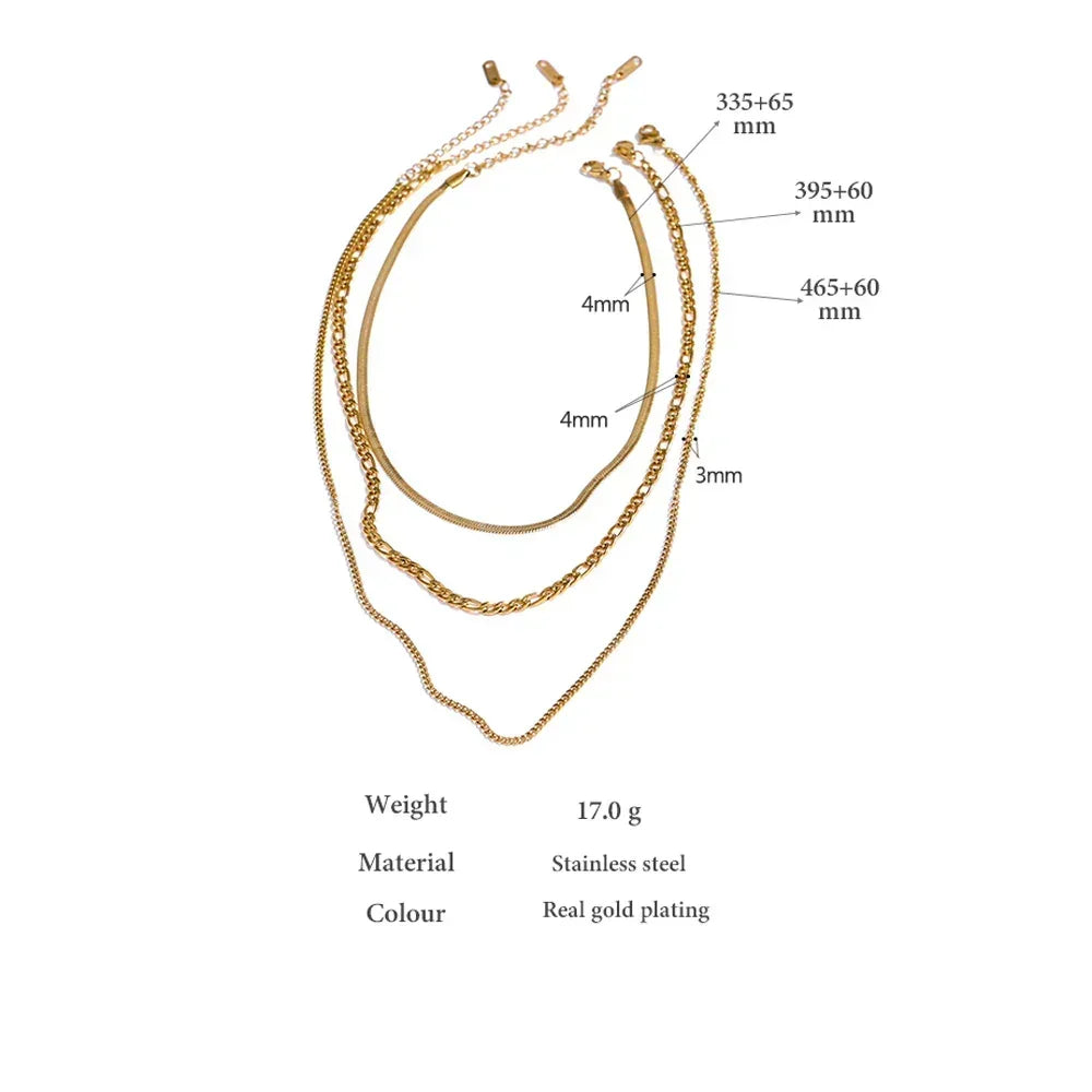 Set of four layered gold-plated stainless steel necklaces with size and width measurements.