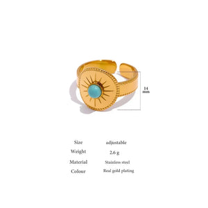 Gold-plated adjustable sunburst ring with turquoise gemstone, stainless steel, 14mm face