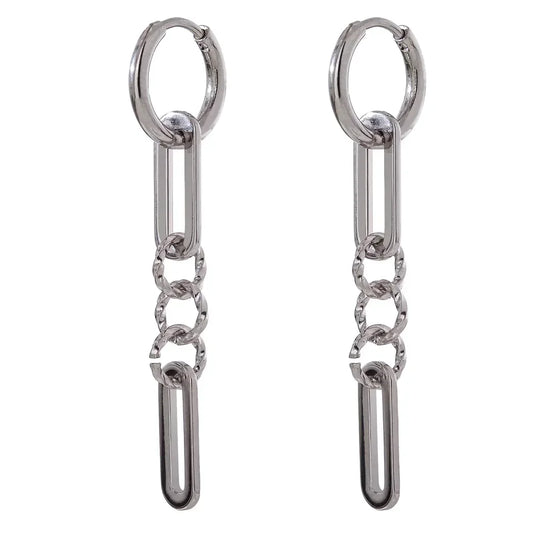 Pair of silver chain hoop drop earrings with elongated links on white background