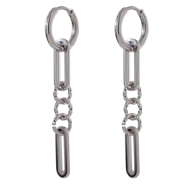 Pair of silver chain hoop drop earrings with elongated links on white background